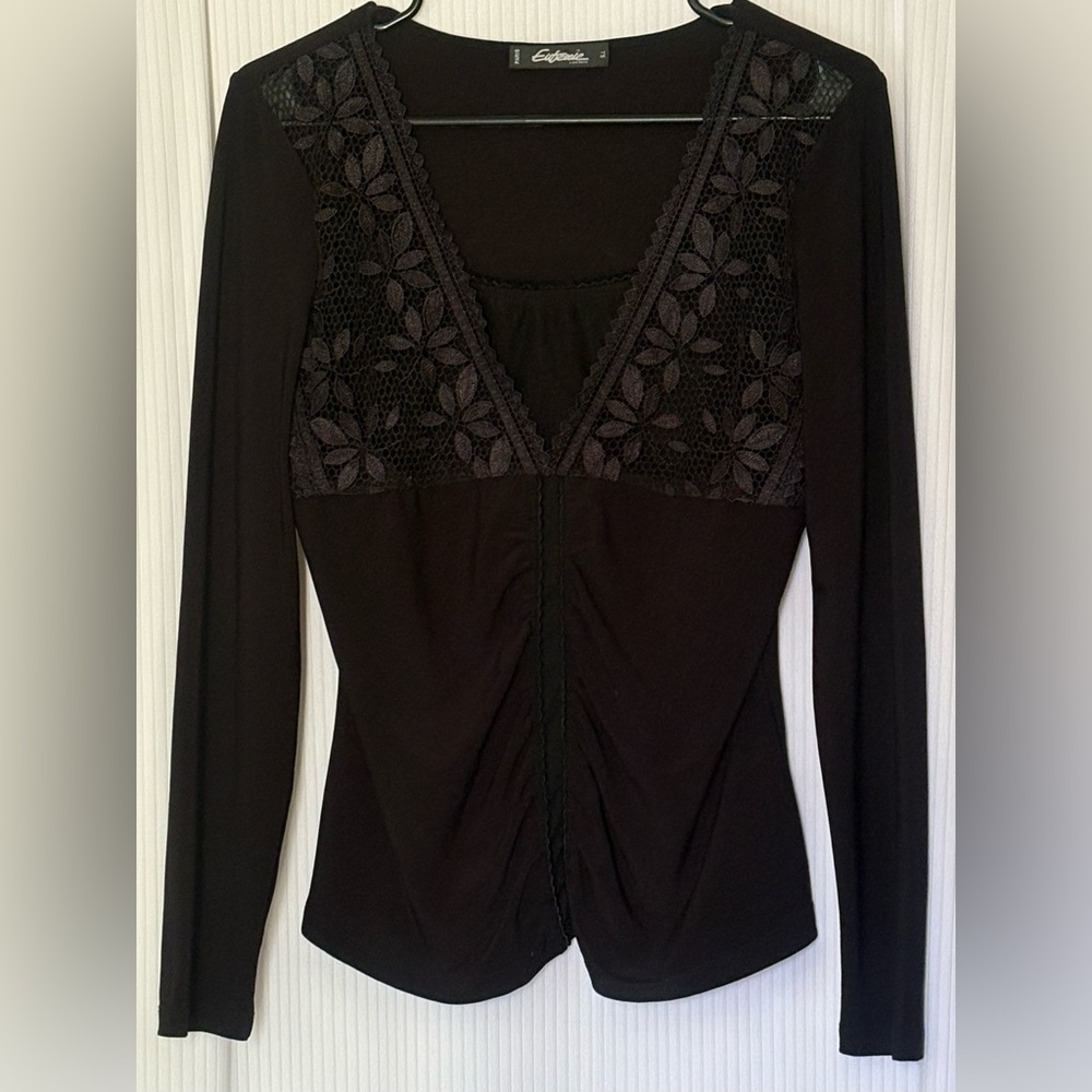 Eufemie Couture Long Sleeve V Neck Top Lace Chest Stretchy Black Medium